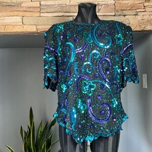 VTG Sequins Mardi Gras Party Top Art to Wear Event Maximalist Black Purple 1X